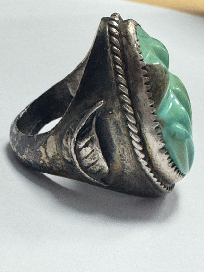Vintage Native American Sterling Silver Heavy 35g Carve Turquoise Ring Size 9.75