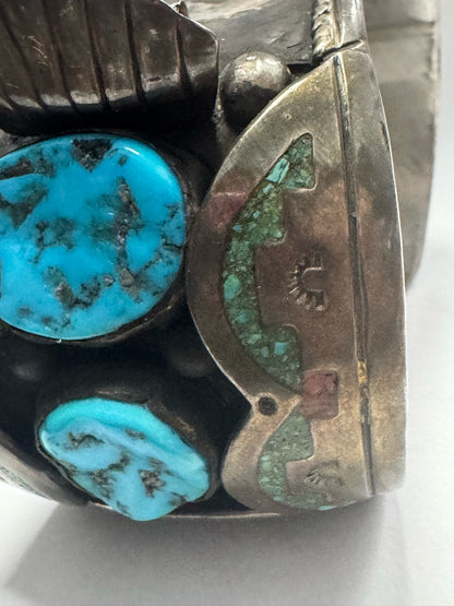 William Singer Sterling Silver 2" Wide Coral & Turquoise Inlaid Watch Cuff 132g