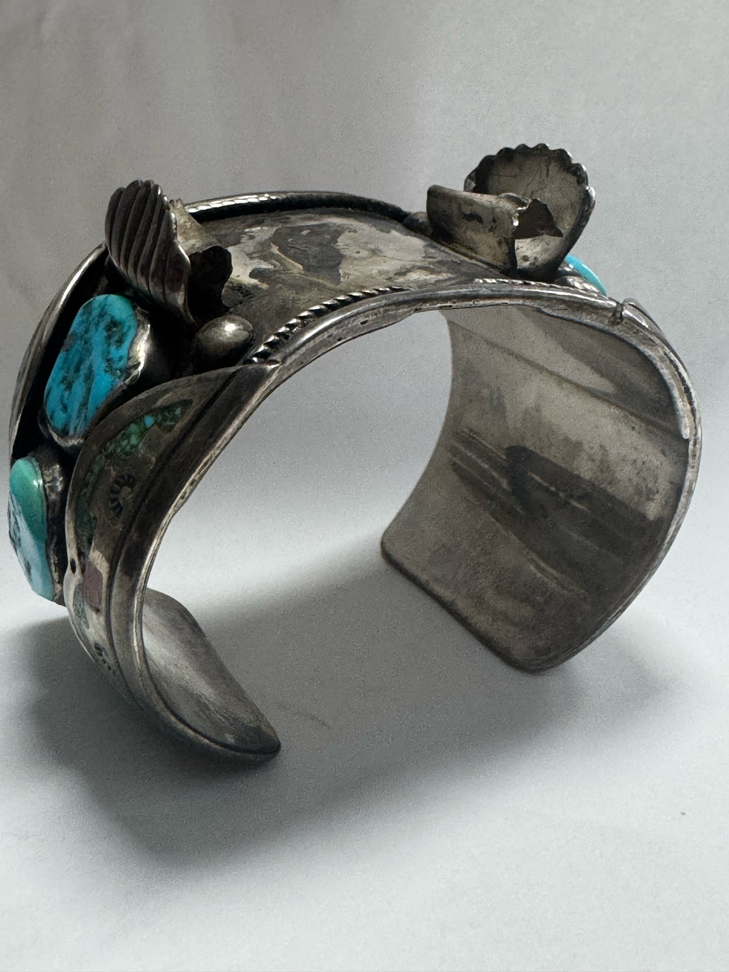 William Singer Sterling Silver 2" Wide Coral & Turquoise Inlaid Watch Cuff 132g