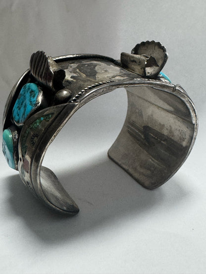 William Singer Sterling Silver 2" Wide Coral & Turquoise Inlaid Watch Cuff 132g
