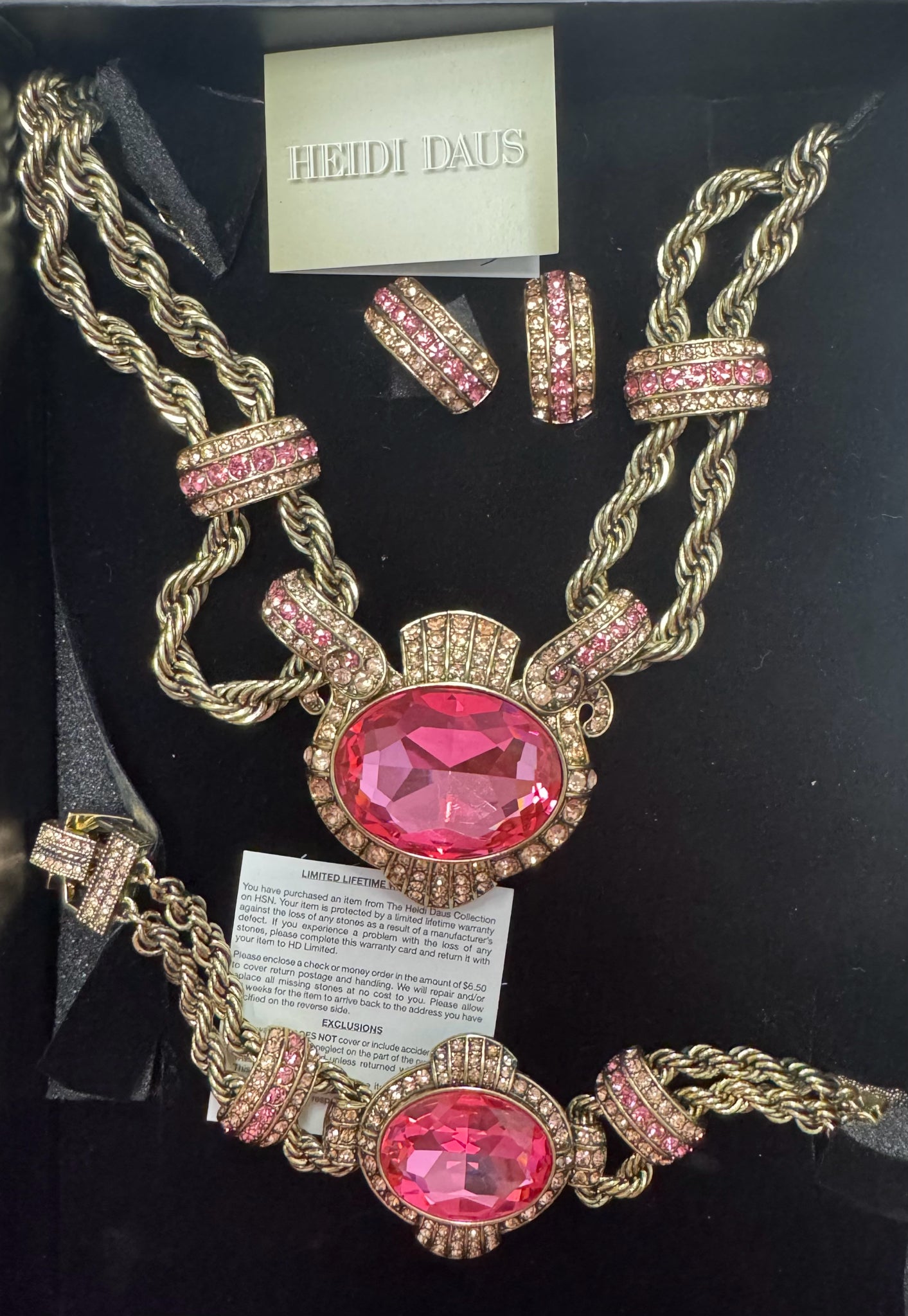 Heidi Daus Vol 2 Chain Of Events Pink Crystal Set Necklace Bracelet Earrings