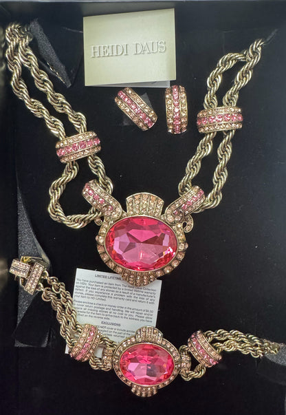 Heidi Daus Vol 2 Chain Of Events Pink Crystal Set Necklace Bracelet Earrings