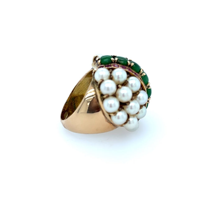 Art Deco 14ky Bombe Pearl Jade Ruby Sapphire Cluster Vintage Ring Size 7