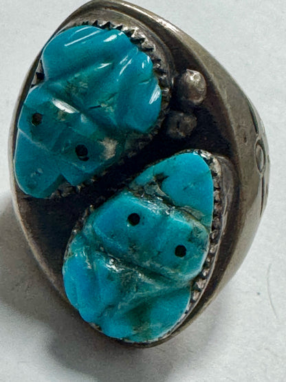 Native American Sterling Silver Ring Heavy Massive 37g Carve Turquoise Size 12.5
