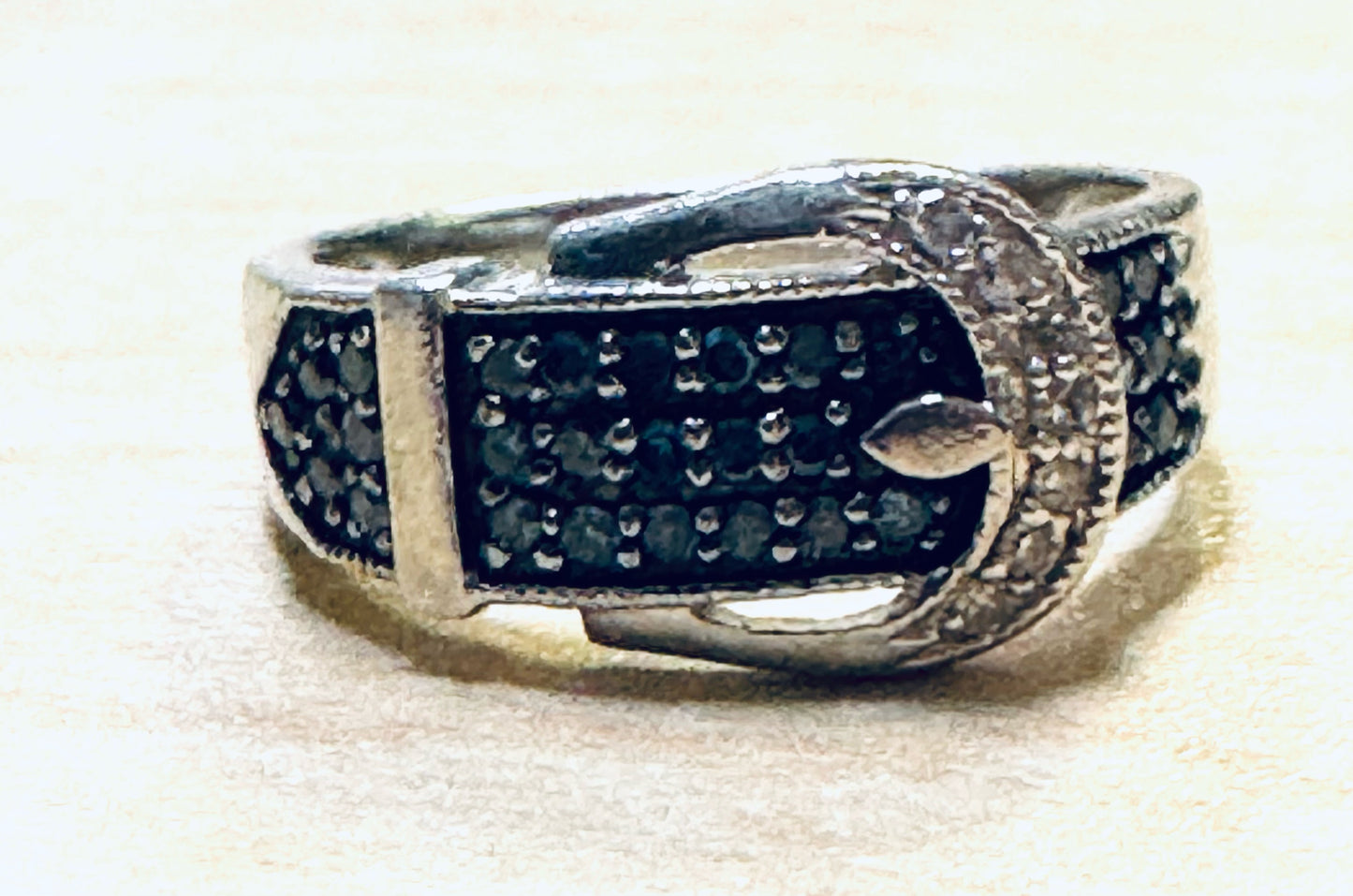 WHITE & BLUE DIAMOND STERLING SILVER BELT BUCKLE RING .35 CARAT SIZE 7