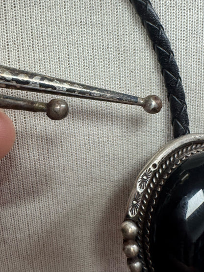 Sterling Silver Onyx Navajo Vintage Native American 1.5" x 1.25" Bolo Tie
