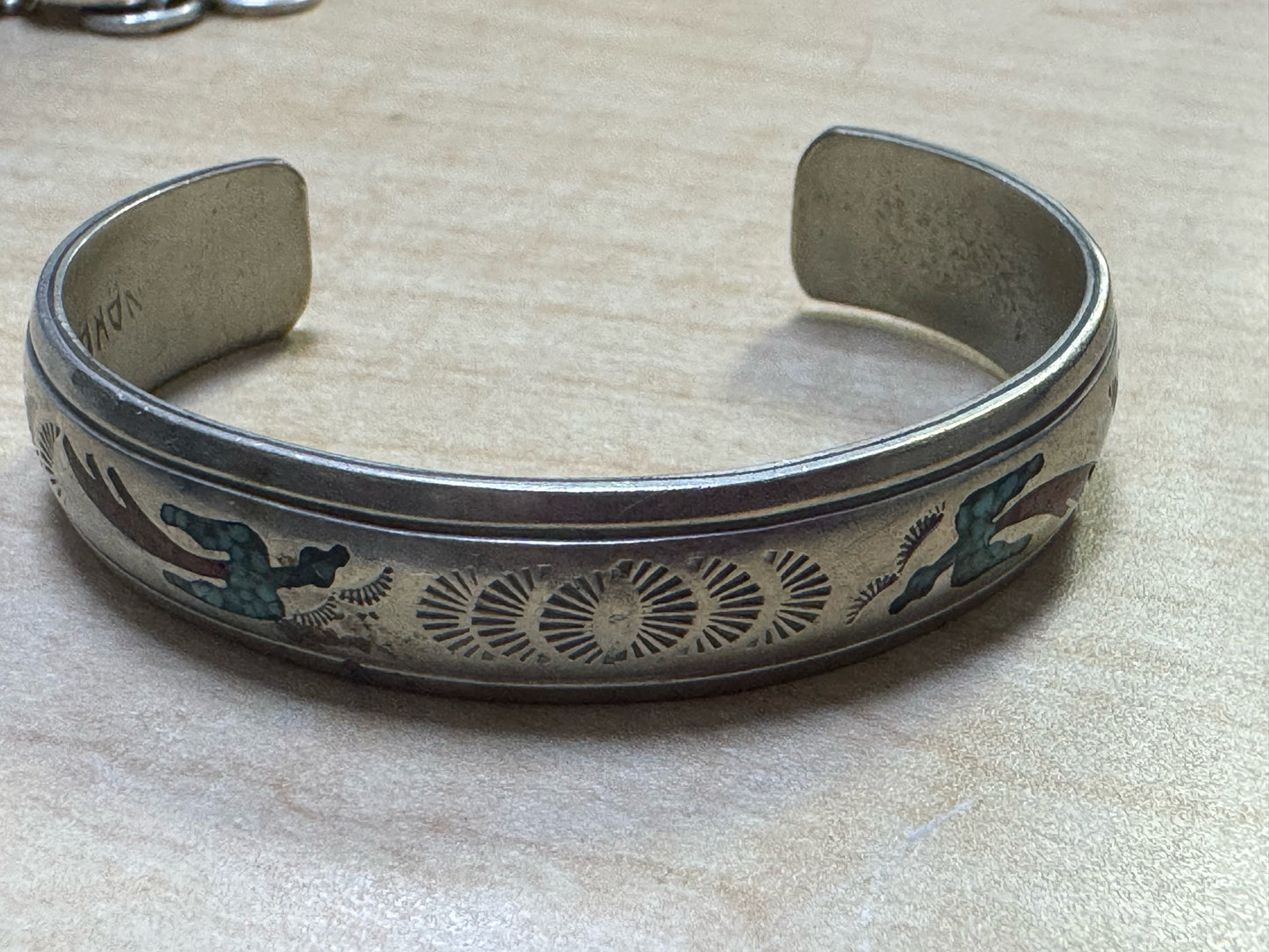 Navajo Bracelet Silver Inlaid Turquoise Cuff Signed NAKAI C.80's Peyote Birds