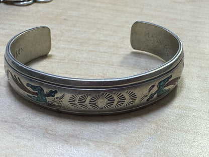 Navajo Bracelet Silver Inlaid Turquoise Cuff Signed NAKAI C.80's Peyote Birds