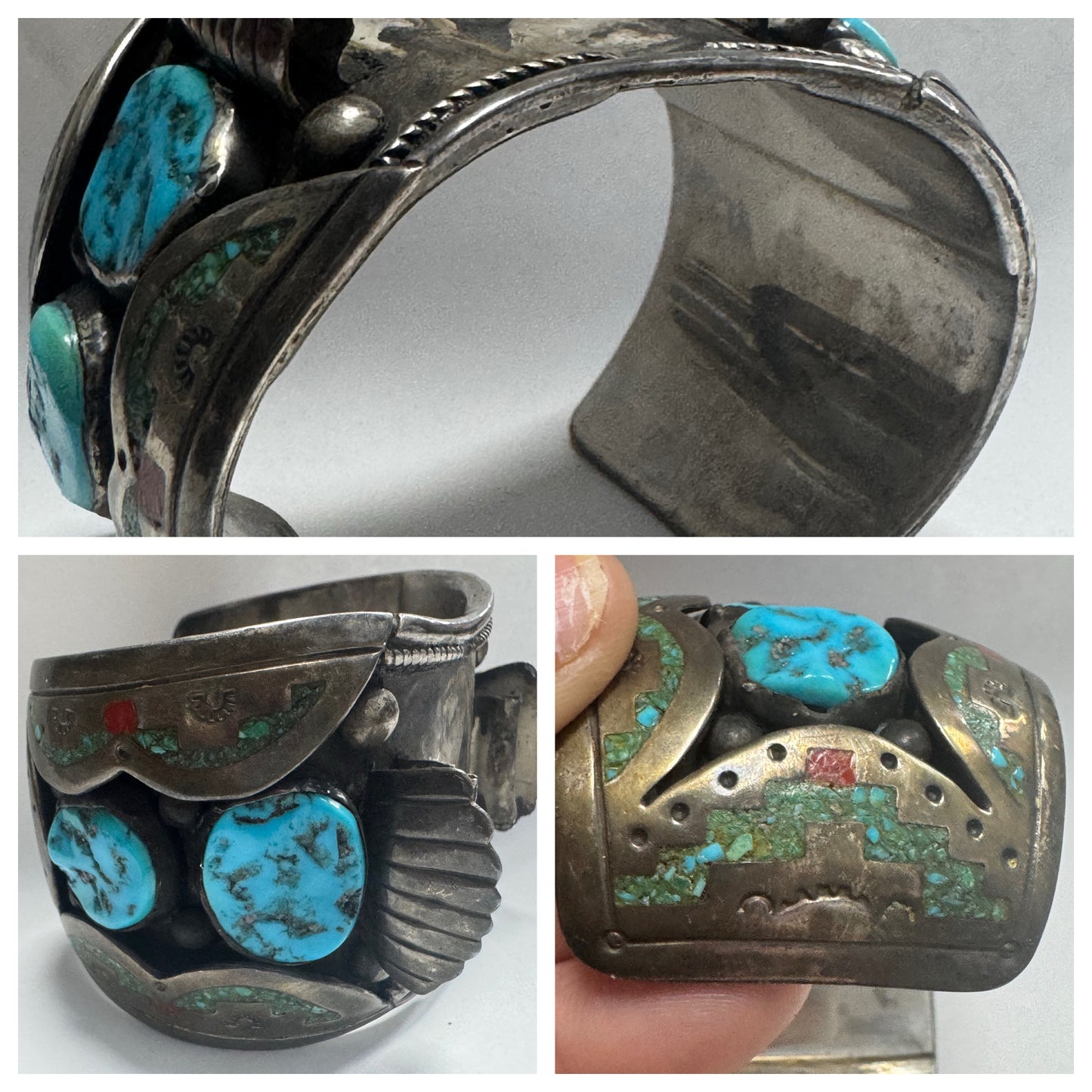 William Singer Sterling Silver 2" Wide Coral & Turquoise Inlaid Watch Cuff 132g