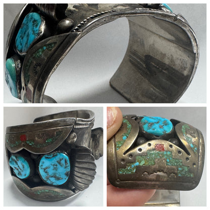 William Singer Sterling Silver 2" Wide Coral & Turquoise Inlaid Watch Cuff 132g
