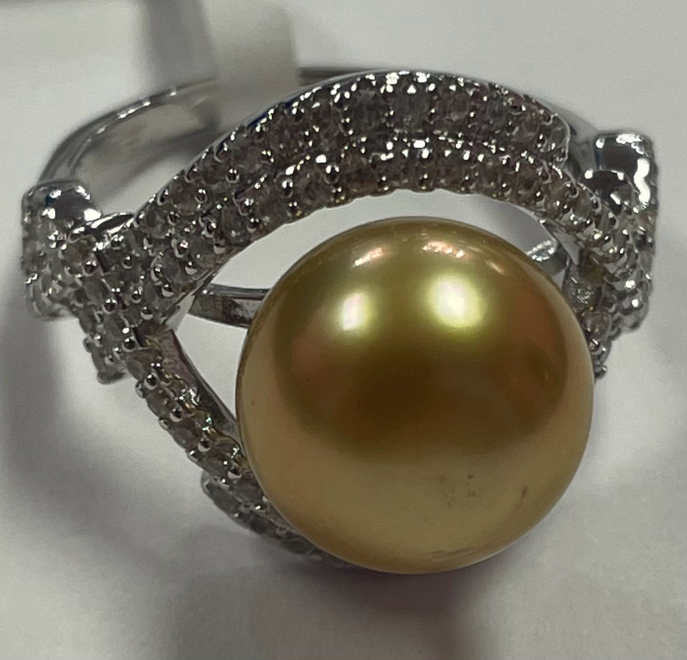 Sterling Silver Golden Cultured South Sea Pearl White Zircon Size 8 JTV New