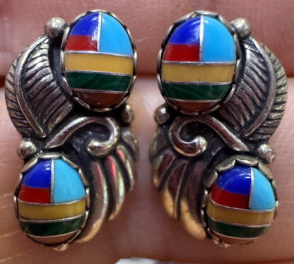 Native American Sterling Silver Multi Stone Inlaid Earrings WM .75" x .40" Leave