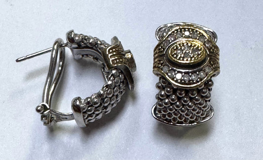 Sterling Silver Diamond Hoop Earrings Two Tone Omega Backs