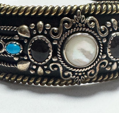 CAROLYN POLLACK Am West Sterling Silver & Brass Cuff Bracelet Mother of Pearl
