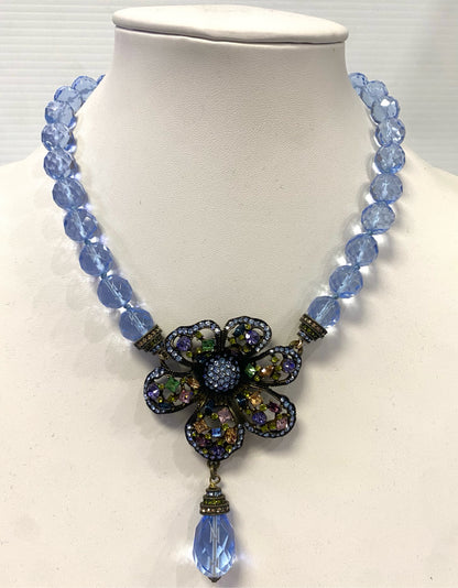 Heidi Daus 18" Necklace Blue Flower Swarovski Multi Color Crystals