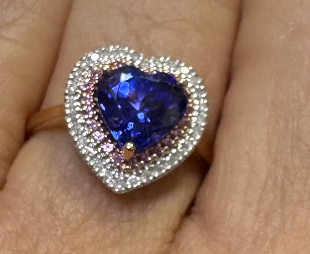 New 14k Rose Gold Ring Lab Created Tanzanite Heart  Double Halo SZ 8 JTV