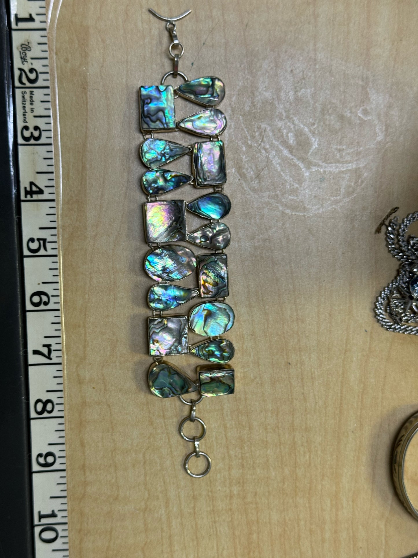 Sterling Silver Abalone Bracelet 1.5" Wide Chunky Toggle 7.25" - 8.5"