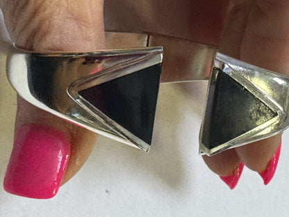 Taxco Sterling Silver Black Onyx Clamper Bangle Bracelet