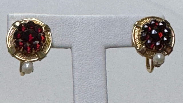 AMCO 14K Gold Filled Necklace Clip on Earring Set 2 Pc Red Garnet Pearl