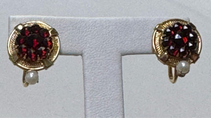 AMCO 14K Gold Filled Necklace Clip on Earring Set 2 Pc Red Garnet Pearl