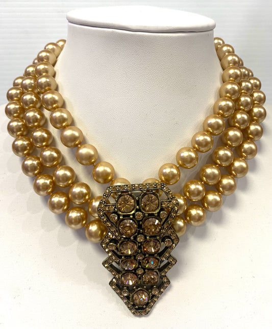 Heidi Daus Faux Champagne Pearl Multi Strand Necklace Art Deco Inspired 15"-19"