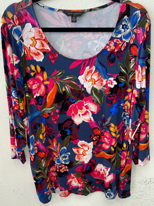 Blue Floral Print Investments Long Sleeve Shirt Women's 2X