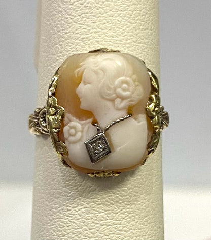 14k Yellow Gold Antique Cameo Vintage Ring Size 7 Lady w/ Diamond Necklace