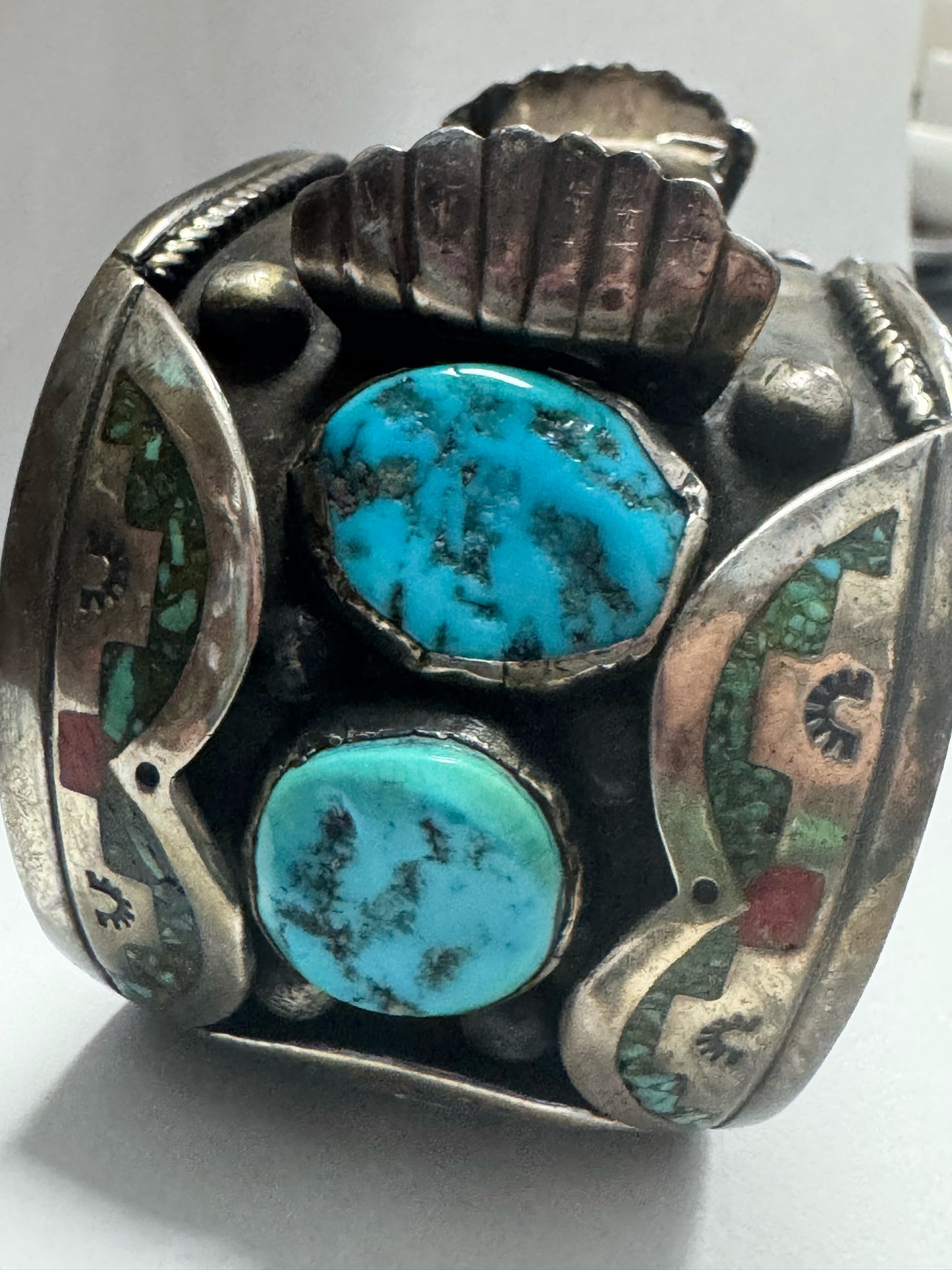 William Singer Sterling Silver 2" Wide Coral & Turquoise Inlaid Watch Cuff 132g
