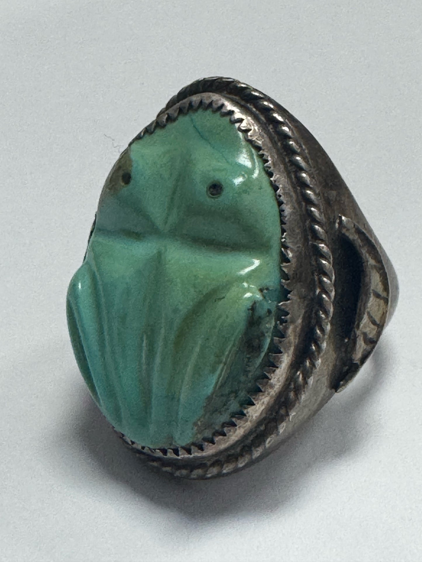 Vintage Native American Sterling Silver Heavy 35g Carve Turquoise Ring Size 9.75
