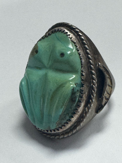 Vintage Native American Sterling Silver Heavy 35g Carve Turquoise Ring Size 9.75