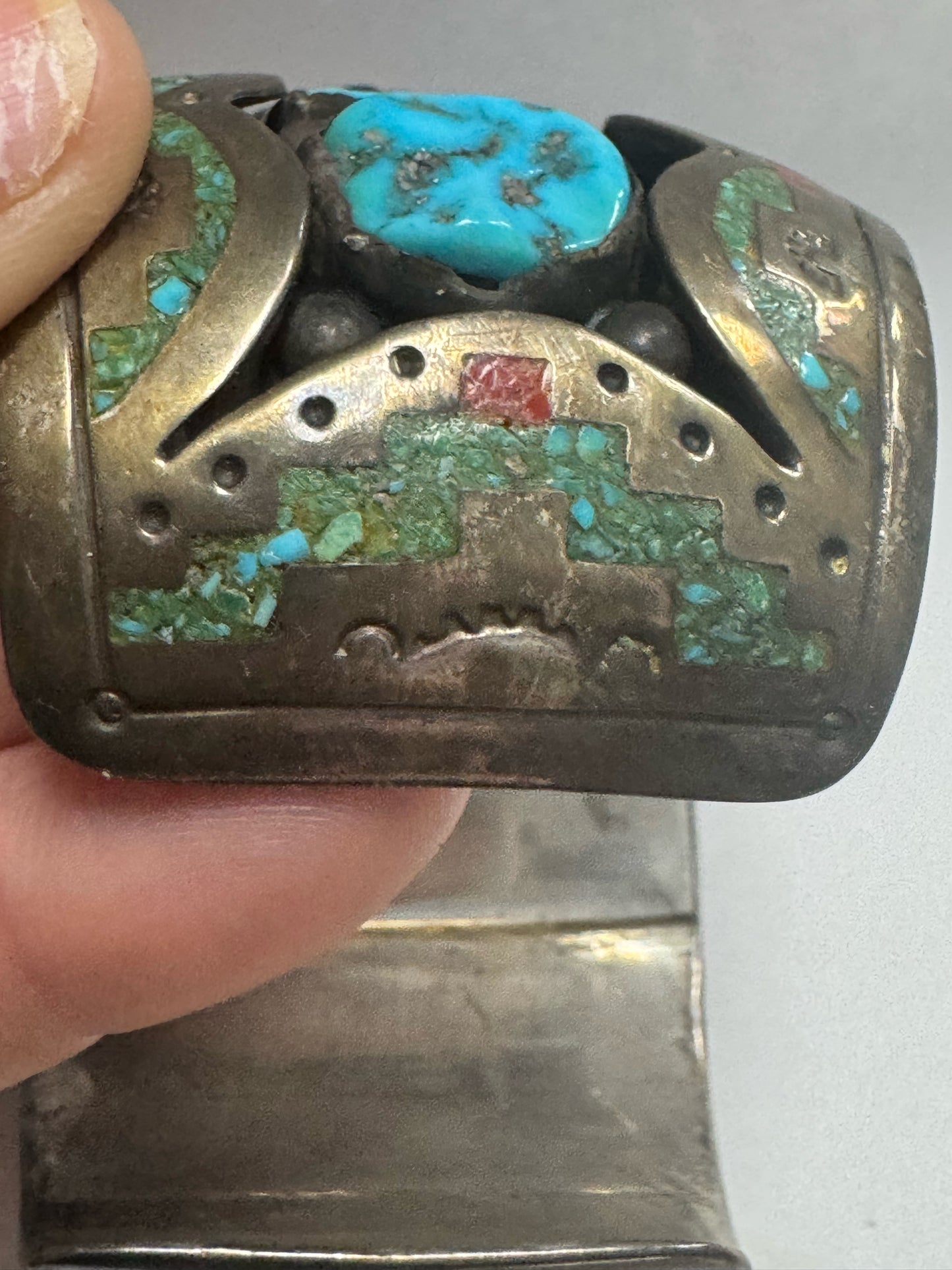 William Singer Sterling Silver 2" Wide Coral & Turquoise Inlaid Watch Cuff 132g