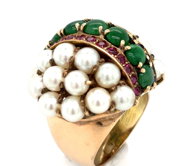 Art Deco 14ky Bombe Pearl Jade Ruby Sapphire Cluster Vintage Ring Size 7