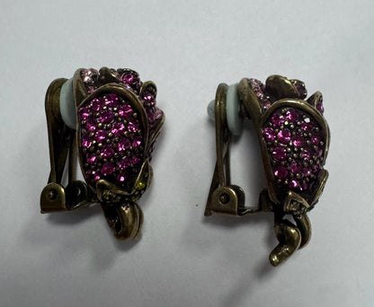 Heidi Daus (signed) Climbing Rose Crystal Clip-On Earrings Pink / Green Floral