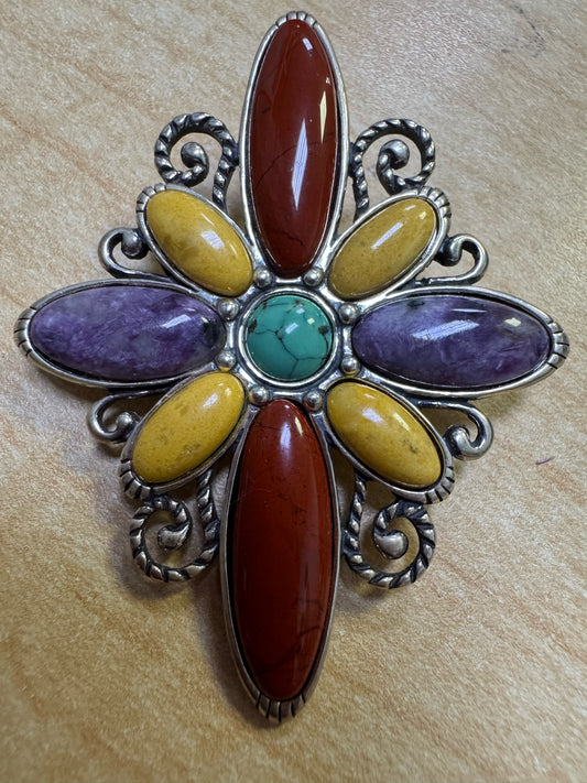 Carolyn Pollack Relios Sterling Silver Multi Gemstone Cross Pendant Brooch 2.10"