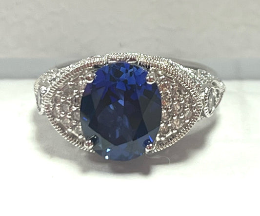 Sterling Silver Blue & White Simulant Ring Size 8