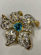 Load image into Gallery viewer, Nolan Miller Blooming Blue Crystal Rhinestone Flower Slide Gold Tone Pendant