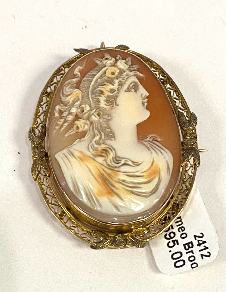 10k Yellow Gold Vintage Lady Cameo Brooch Pin Antique 1.72" x 1.34"