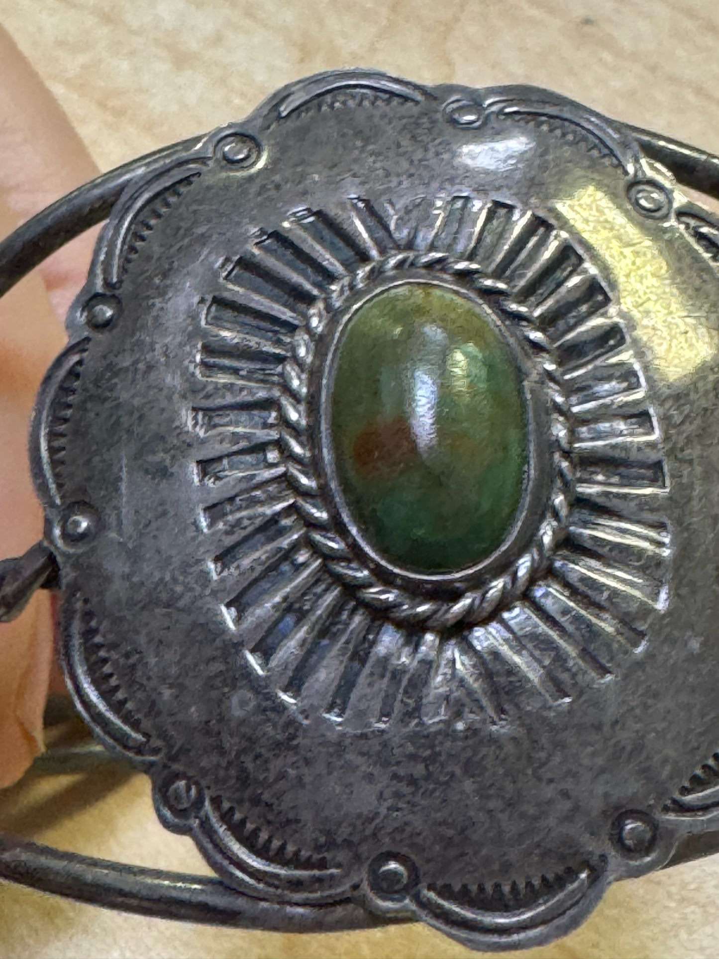 Vintage Sterling Silver Stamped Turquoise Concho Cuff Bracelet