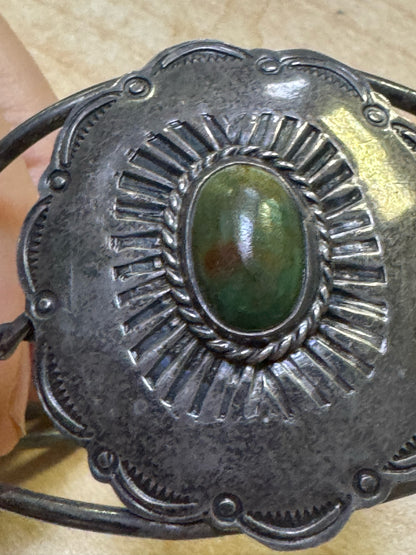 Vintage Sterling Silver Stamped Turquoise Concho Cuff Bracelet