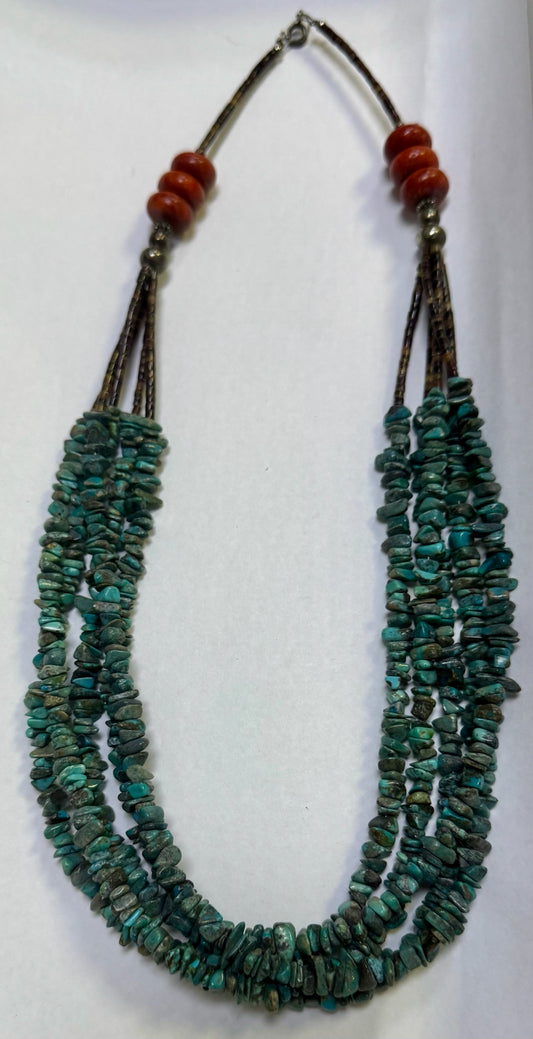 Native American Sterling Silver 5 Strand 24" Vintage Necklace Chip Nugget Coral