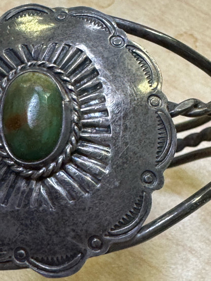 Vintage Sterling Silver Stamped Turquoise Concho Cuff Bracelet