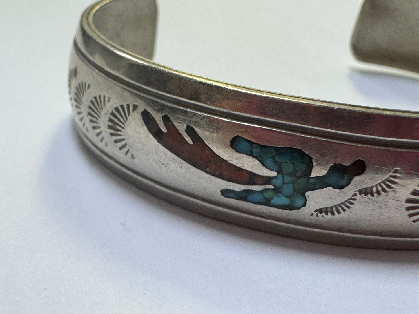 Navajo Bracelet Silver Inlaid Turquoise Cuff Signed NAKAI C.80's Peyote Birds