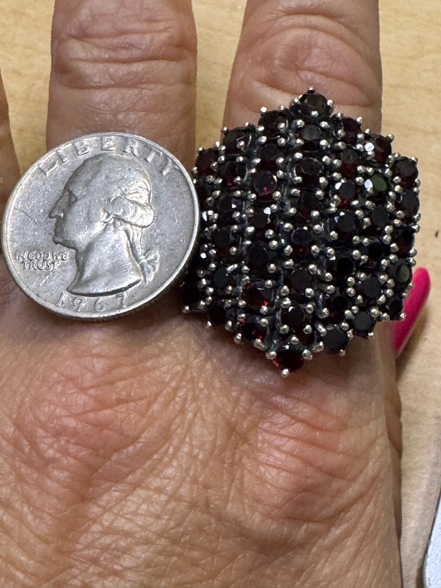 Vintage Massive Sterling Silver Garnet Ring 1.3" x 1.08" Large Heavy 23g Size 9