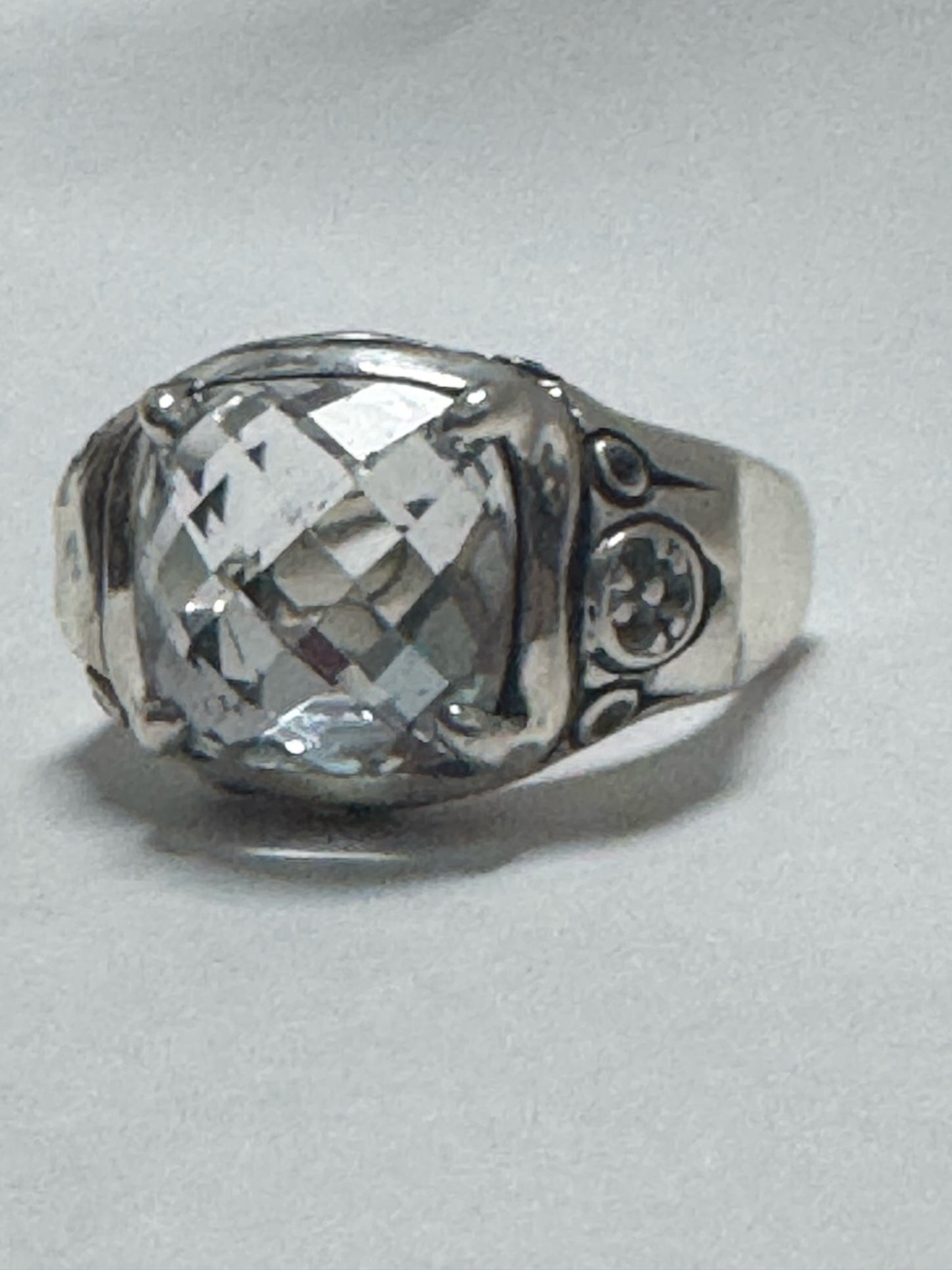 John Hardy Sterling Silver White Topaz Cushion Cut Bamboo Batu Ring Size 7