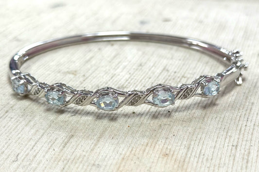 Sterling Silver Blue Topaz & Diamond Bracelet Bangle New JTV 8"