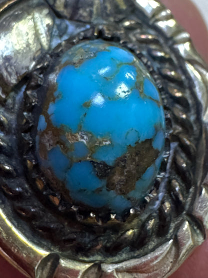 Gold Filled Native American Turquoise Ring Signed T.B. Size 7.5 Leaves