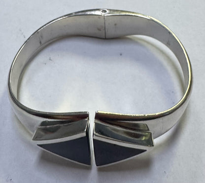 Taxco Sterling Silver Black Onyx Clamper Bangle Bracelet