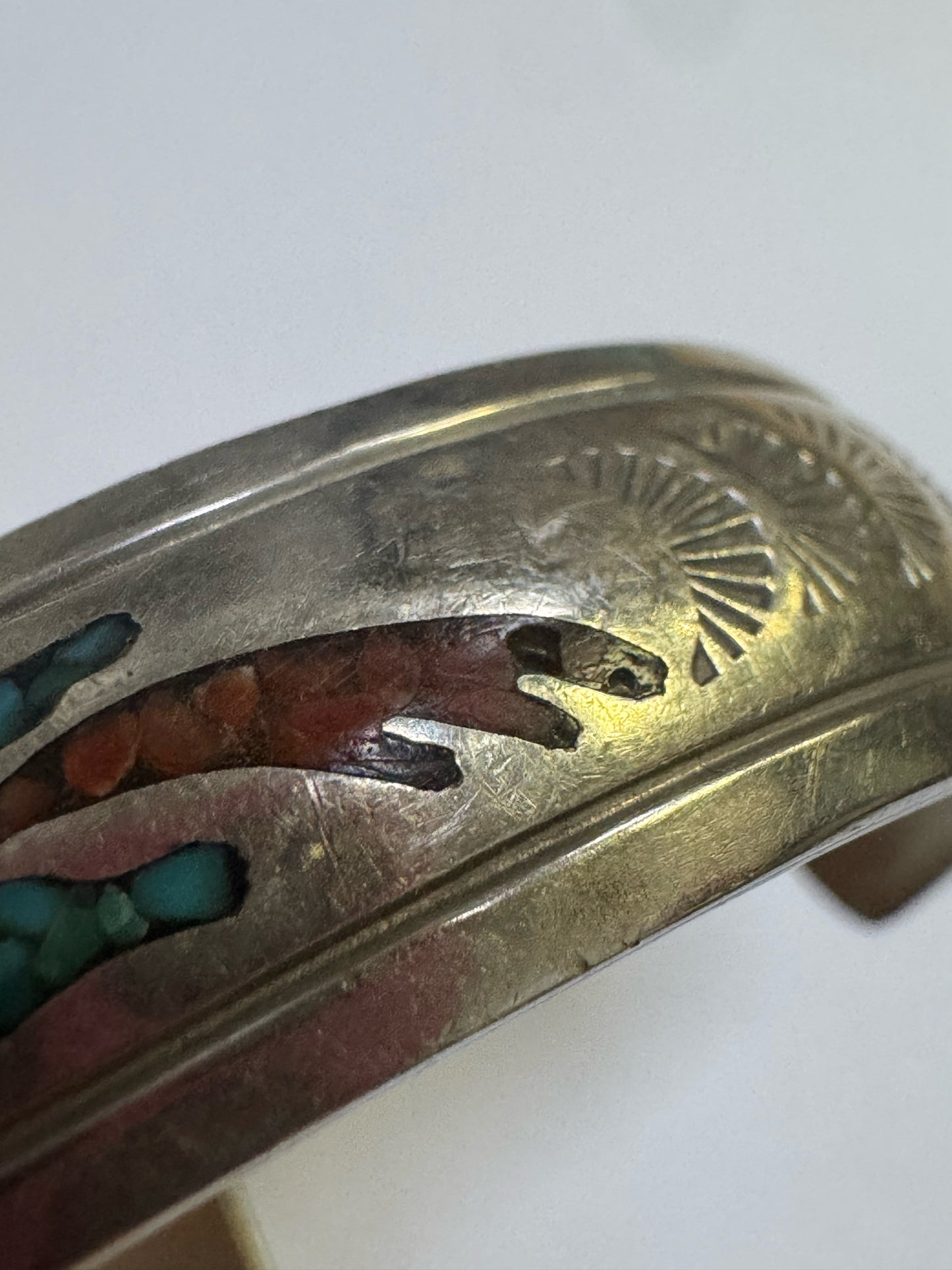Navajo Bracelet Silver Inlaid Turquoise Cuff Signed NAKAI C.80's Peyote Birds