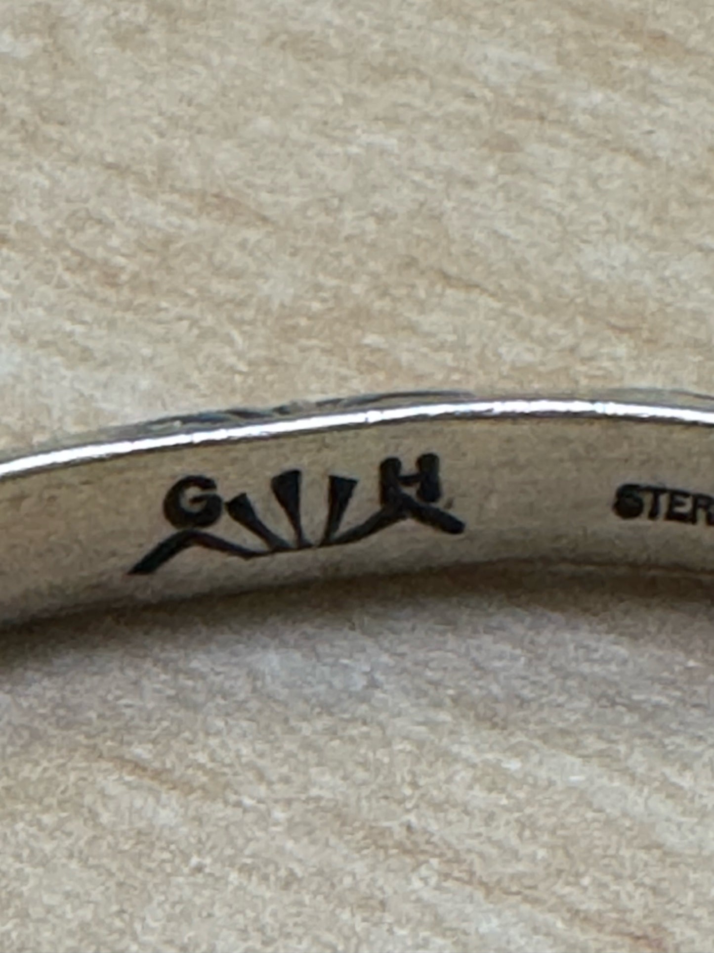 GW Sign Sterling Silver Knife Edge Native American Navajo Cuff Pictoral Bracelet