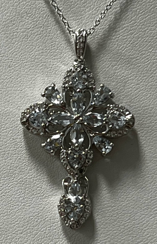 Sterling Silver Aquamarine & White Zircon Cross Pendant Chain Necklace New JTV
